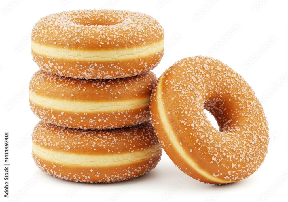 Poster a stack of three donuts and one donut leaning against the stack on a white background isolated close