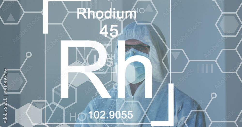 Poster image of elements and scientific data processing over caucasian man in face mask and ppe suit