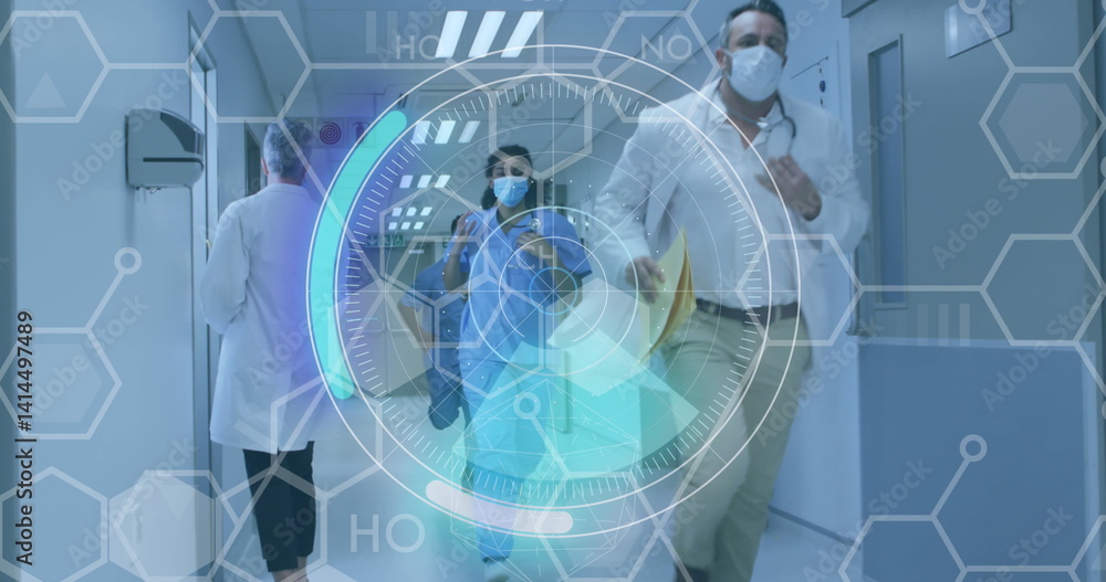 Aufkleber image of scope and data processing over diverse medical staff in face masks