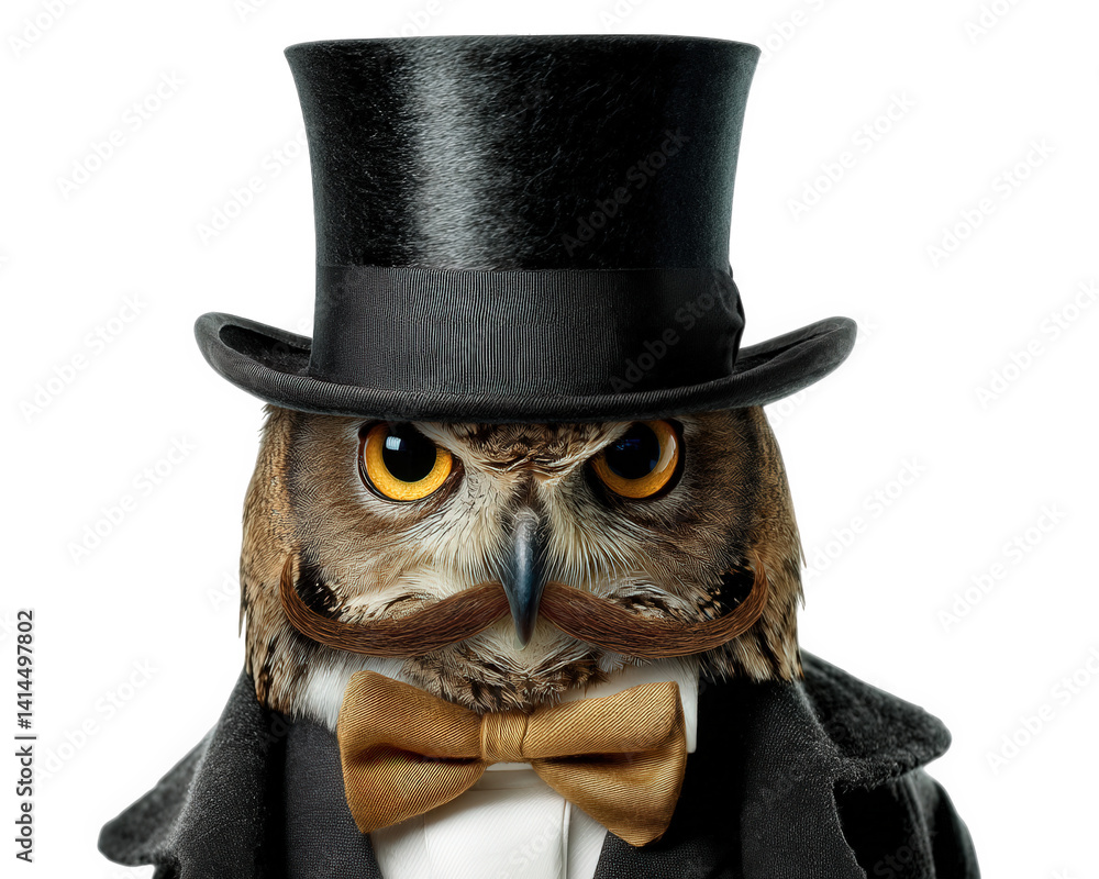 Poster whimsical owl with big mustache is dressed in formal tuxedo and top hat, exuding gentlemanly charm. 