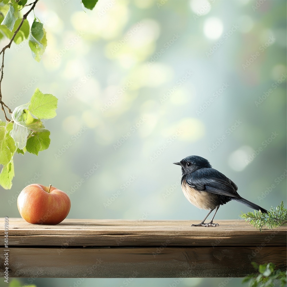 Poster a nature classroom scene showcases an and a bird on a wooden surface, creating an ideal copy space f