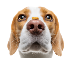 beagle dog with funny face is trying to balance treat on its nose, showcasing playful and curious expression. This adorable moment captures essence of canine charm and humor