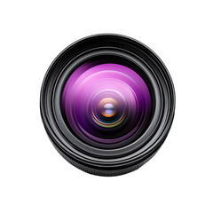 Camera lens with purple reflection on white background
