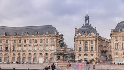 Fototapeta premium Place de la Bourse timelapse hyperlapse in Bordeaux, France, with the Fountain