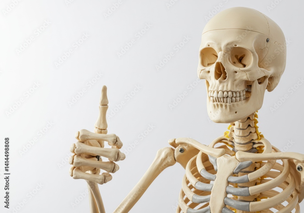 Poster a skeleton model with a thumbs up gesture against a white background in a studio setting for anatomy