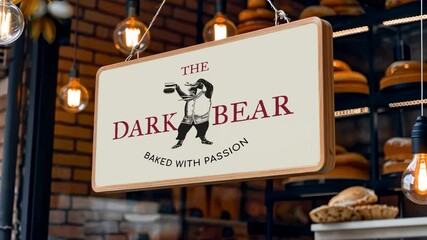 Vintage bakery sign with a bear in a chef's hat, surrounded by warm lighting and fresh bread Live mockup style, animated overlay, transparent 4K video, alpha channel, ProRes 4444