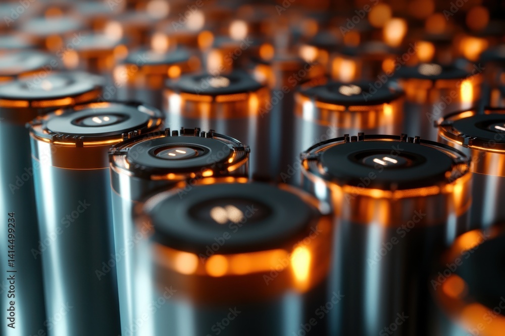 Poster close-up view of multiple batteries arranged neatly in a modern display with orange accents