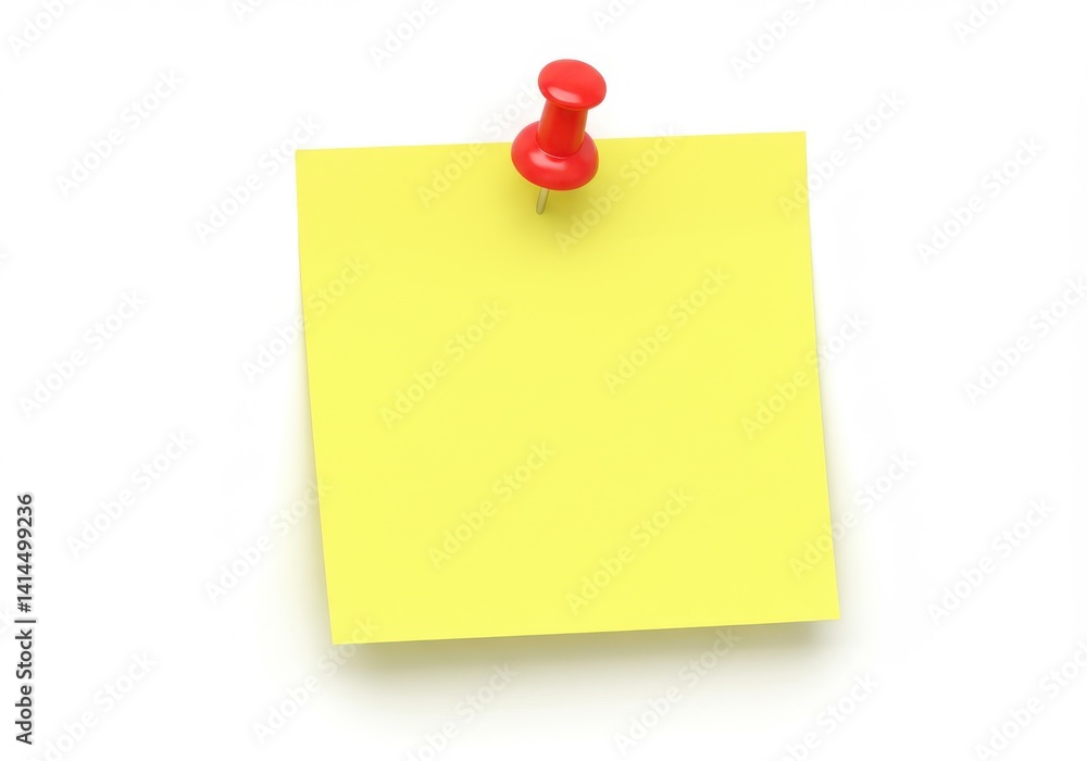 Poster a yellow sticky note attached to a white surface with a red push pin in a close up studio shot