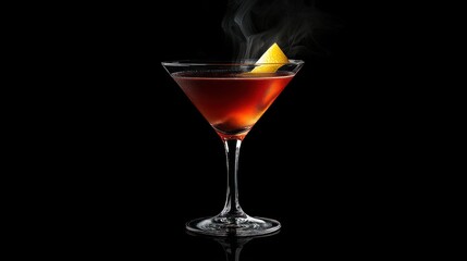 Smoky cocktail, lemon twist, dark background, bar scene, drink menu