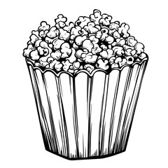 Monochrome line art illustration of a bucket overflowing with popcorn. Represents cinema snacks, movie time, entertainment, and a classic treat.