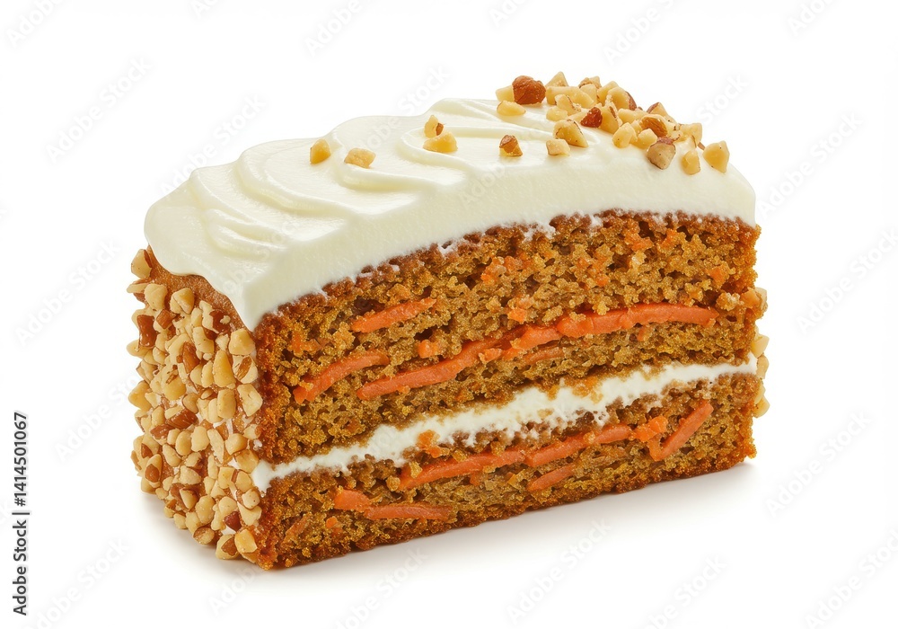 Poster a slice of carrot cake with white frosting and chopped nuts on a white background in studio lighting