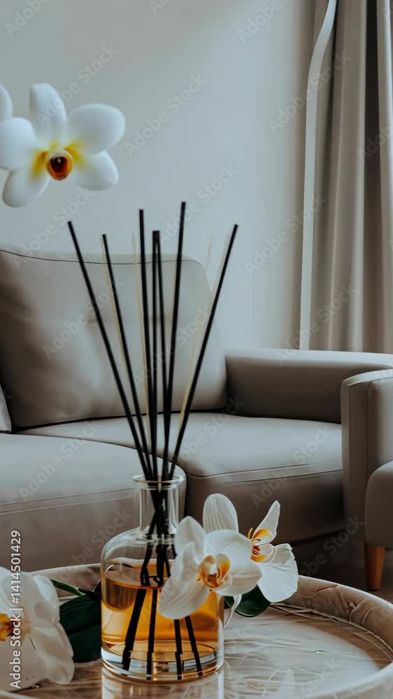Poster cozy living room features an aromatic diffuser paired with fresh orchids, creating a serene and invi