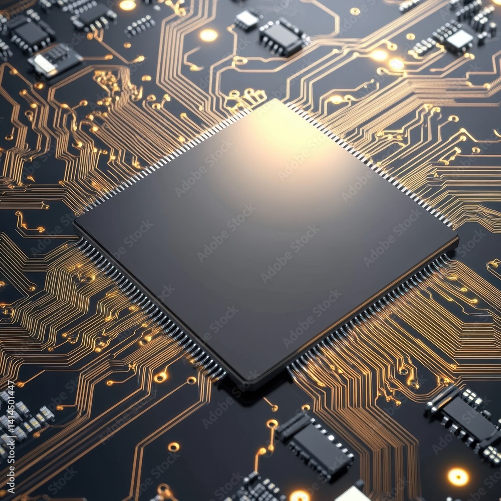 Poster modern microchip technology on circuit board with golden traces and dark background for innovation