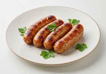 Four grilled sausages garnished with parsley on a white plate in a close up studio shot view food photo