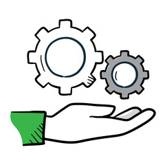 Support Services Icon. Hand with gears symbolizing help, technical support, and customer care solutions.