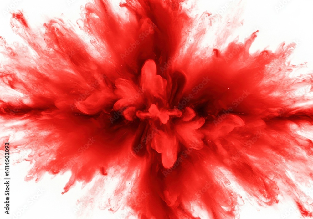 Poster a vibrant explosion of red ink creating an abstract floral pattern against a white background space