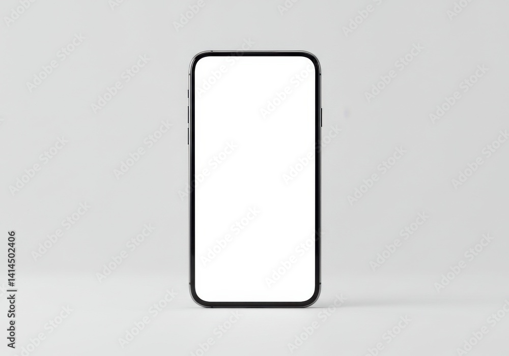 Poster a smartphone with a blank white screen is centered on a plain white surface in a studio setting