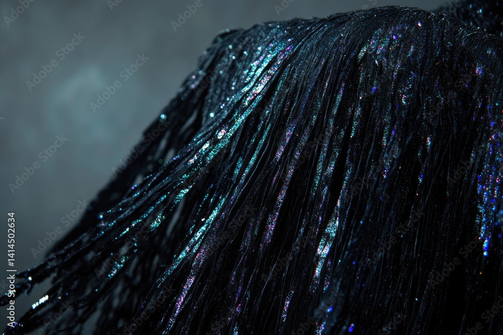 Poster close-up of dark, glittery fabric with iridescent threads creating a luxurious texture.