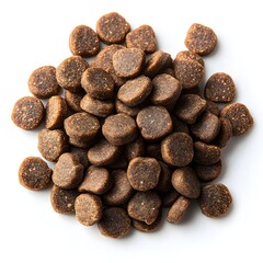 A pile of brown dry pet food kibble is shown against a clean white background perfect for pet food packaging design.