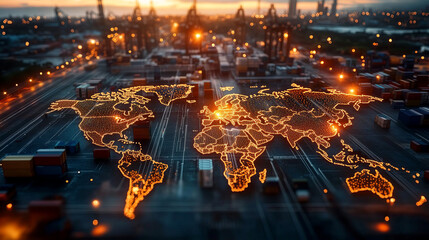 Global trade network at sunset in industrial shipping port with illuminated world map. Import tariffs concept