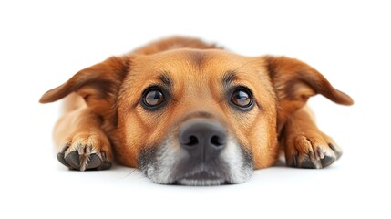 Obraz premium An adorable brown and tan mixed breed dog lies on a white background looking directly at the camera with big expressive eyes.