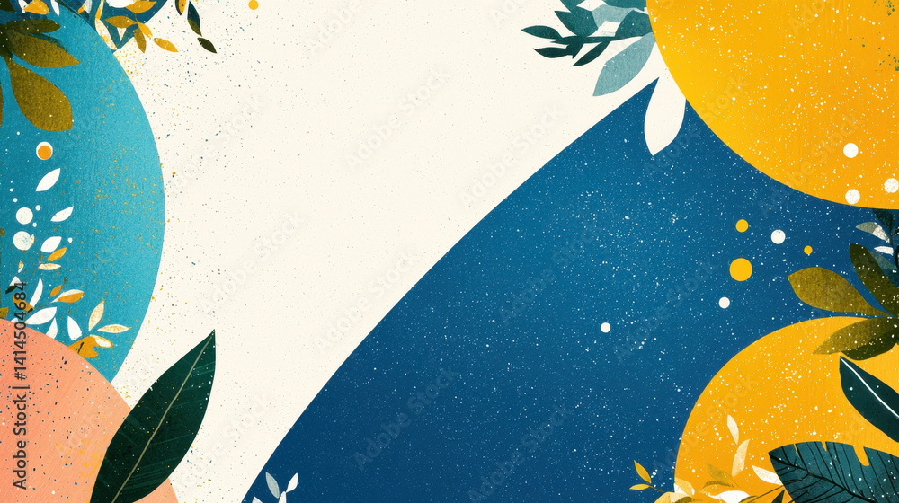 Poster abstract illustrated design featu vibrant sun and moon themes with greenery and decorative elements 