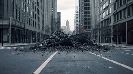 Fototapeta premium A city street with a large pile of rubble in the middle