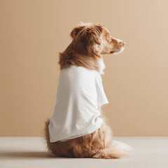 Dog wearing blank white shirt sitting calmly on beige background for pet apparel mockup