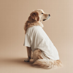 Golden retriever wearing blank white shirt sitting calmly on beige background