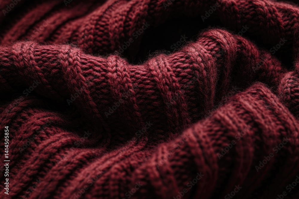 Poster close-up of a richly textured, dark red knitted fabric, showcasing its intricate weave and soft fibe
