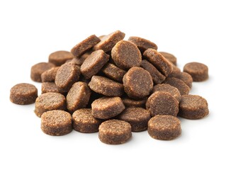 A close-up studio shot shows a pile of small, round, brown pet food kibble on a white background.