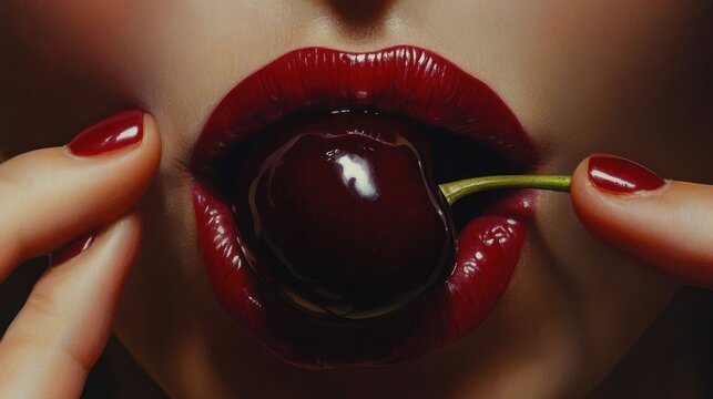 Close-up of lips with cherry