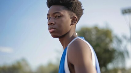 Young basketball player wearing blue jersey confidently standing on outdoor court, holding ball with focused determination and athletic presence