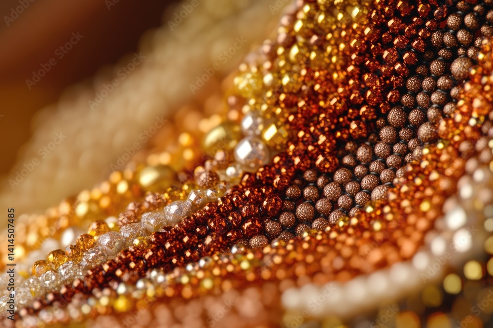 Poster close-up of shimmering gold and copper beads arranged in a cascading pattern, creating a luxurious a