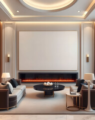 Modern living room interior with fireplace, sofa and coffee table. 3d render