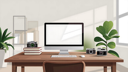 Illustration of Minimalist Desk with Blank Monitor and Camera - Workspace Setup