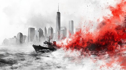 A ship is in the water with a city in the background