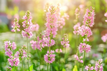 Fototapeta premium Blossoming Beauty A Dreamy Garden Scene Bathed in Warm Sunlight and Pink Hues