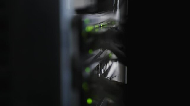 Close-up Ethernet cable on network switches dark background Network internet cables data center. Fast servers and providers for internet connection. Fiber optic in server room.