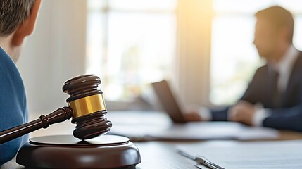 Judge's gavel at courtroom table, business negotiation background