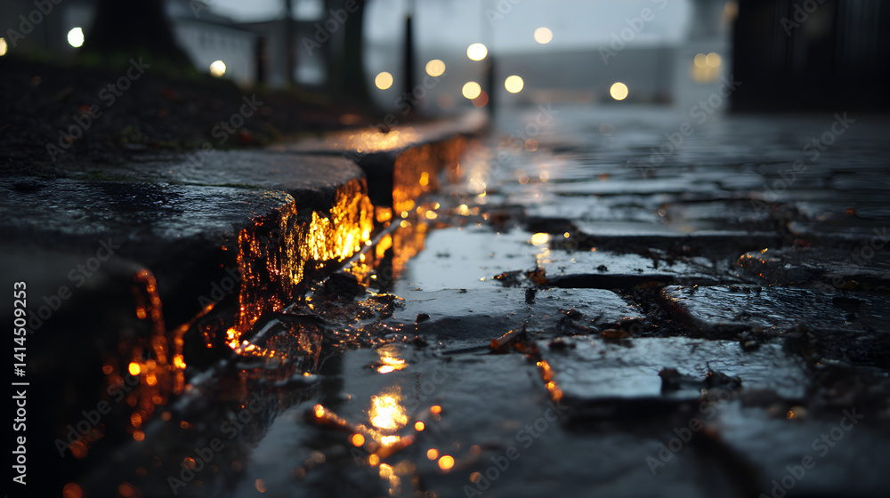Poster atmospheric evening scene with rainwater flowing over cobblestones reflecting city lights at dusk in