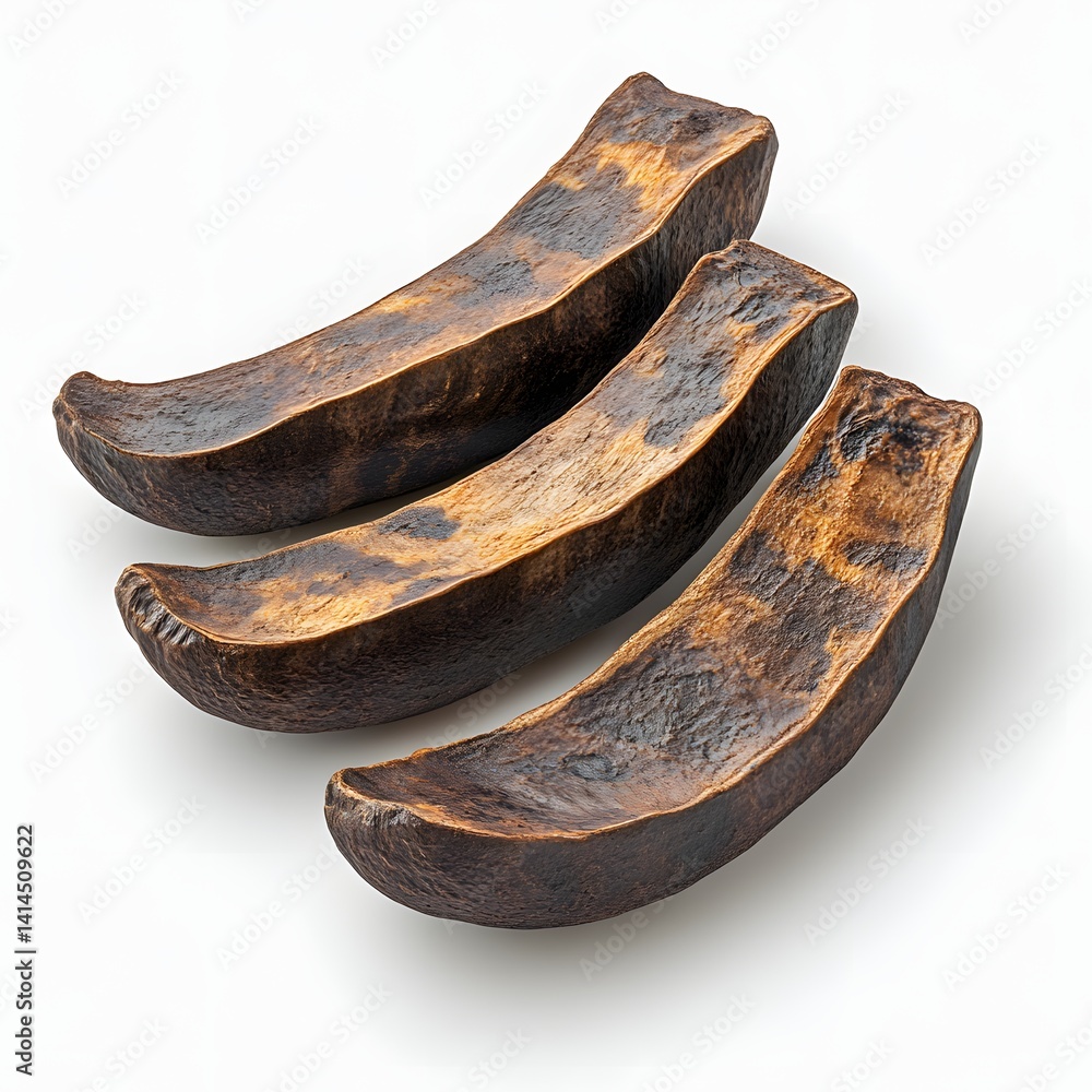 Aufkleber Three dark Sliced Tamarind pods arranged on a white background. A close-up studio shot showcasing the texture and detail of the pods. Sliced Tamarind Isolated on a white background.