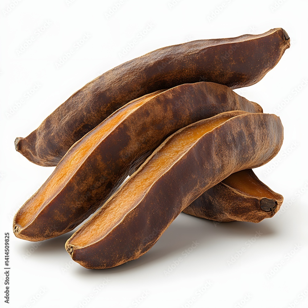 Poster three dried carob pods, showcased in a close-up studio shot against a clean white background. the im