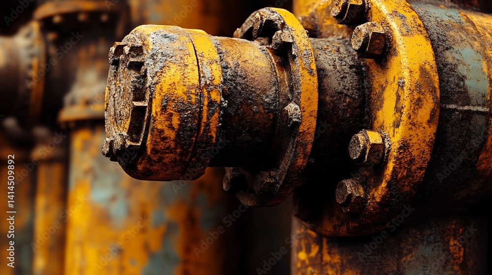 Poster Examining a Rusty Pipe System with Flanges and Bolts