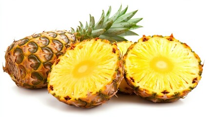Fresh Whole Pineapple and Sliced Pineapple on White Background