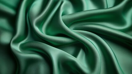 Fototapeta premium Emerald Satin Texture: A velvety smooth emerald green satin fabric drapes gracefully, creating elegant folds and a luxurious tactile experience. The shimmering surface captures light.