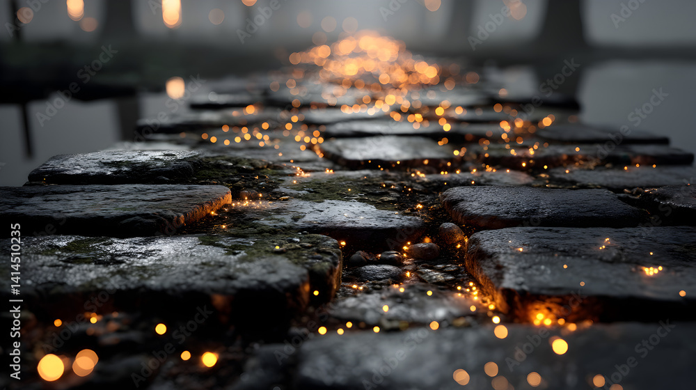 Poster tranquil pathway lined with glowing lights and misty background in a serene forest setting, creating