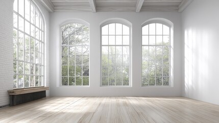 Fototapeta premium Clean modern studio interior with empty w-3 - white windows workspace sleek