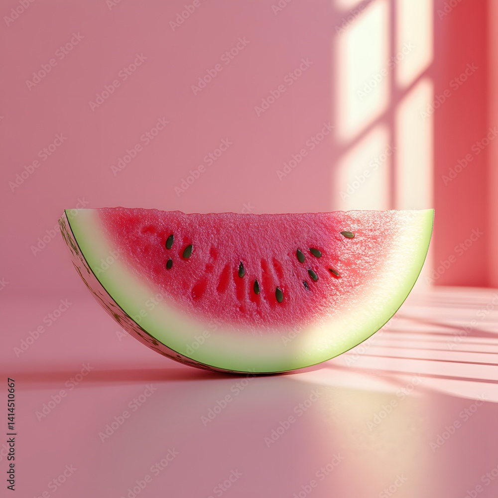Poster A single watermelon slice sits on a pink background. The lighting and color create a visually appealing image. A Slice of Summer: Juicy Watermelon on Pink Background