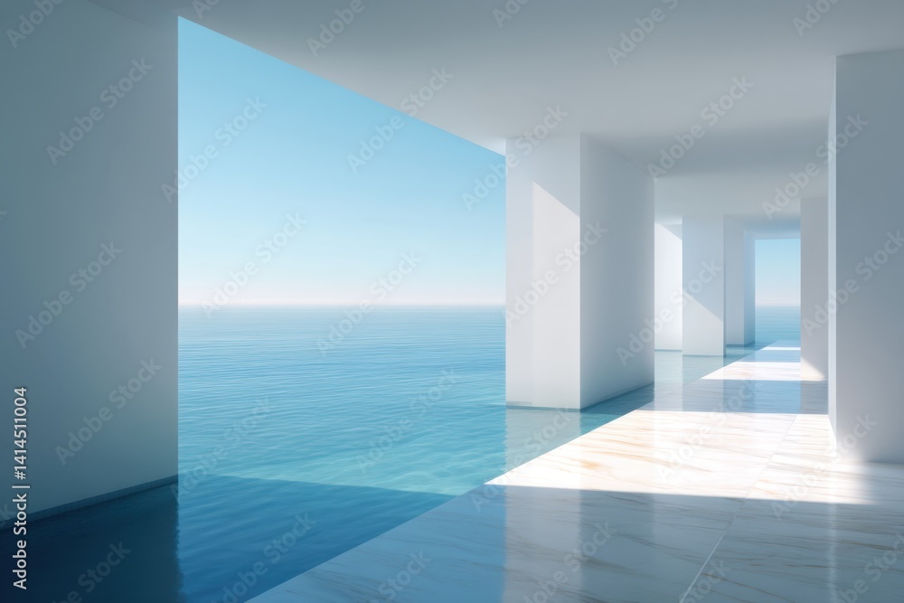 Poster serene architectural corridor with marble floor reflecting azure ocean view under clear blue sky cre
